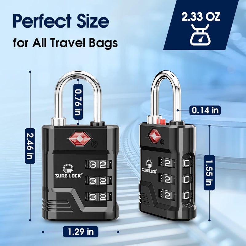 SURE LOCK أقفال TSA للأمتعة، أقفال أمتعة معتمدة من TSA مع تنبيه فتح، مفتاح 008 لأمان عالي، أقراص قراءة سهلة، جسم من سبائك الزنك، قفل خزانة للحقائب، صالة رياضية، سفر. (أسود 1 حزمة) - Image 5